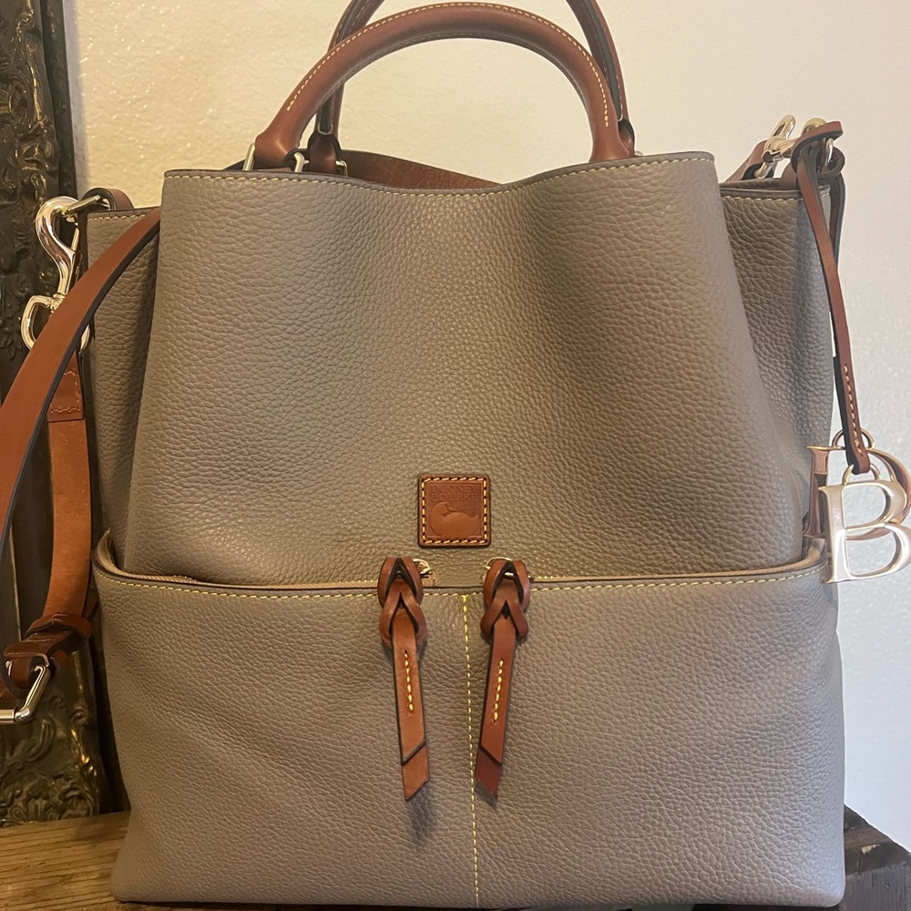 Dooney & Bourke Pebble Leather Backpack - Taupe with Brown Trim